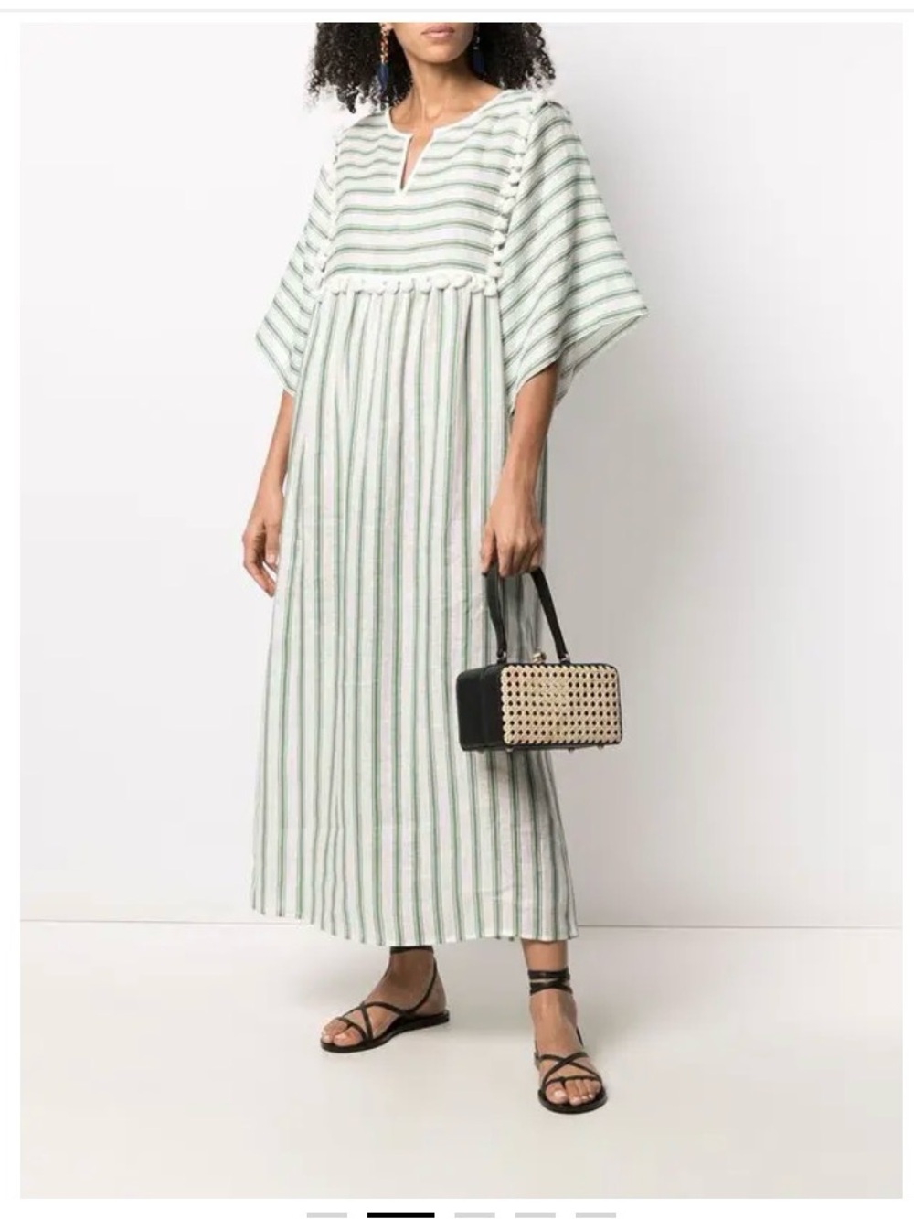 Tory Burch Striped Linen Caftan Dress‎ Green White V Neck Medium small Women's